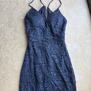 Emerald Sundae Navy Blue Lace Bodycon Cutout Back Sheer Mini Dress -Womens Small